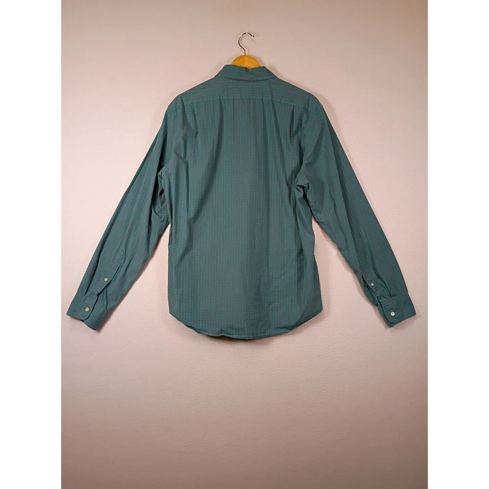 Preppy J.Crew Mens Large Teal Micro-Check Slim Fit Cotton Button Down Shirt
